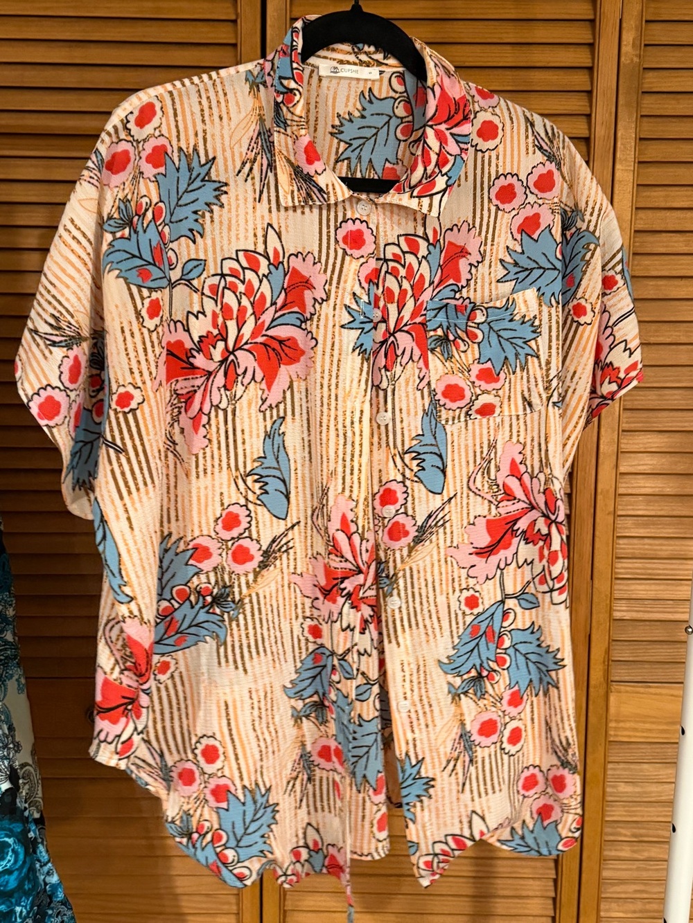 CupShe Size S Beige Floral Print Stripe Oversized Bathing Suit Cover Up Shirt